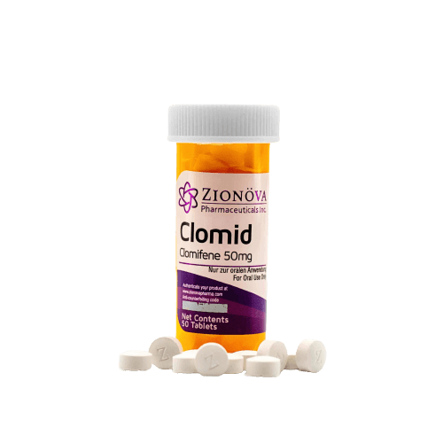 Zionova Clomid 50mg Tablets: Essential for Post Cycle Therapy (PCT) in Canada Image of a bottle of Clomid 50mg tablets by Zionova, containing 50 tablets used for Post Cycle Therapy