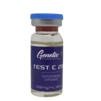 A 10ml vial of Testosterone Cypionate 250mg/ml by Genetix Pharma, designed for muscle growth, strength enhancement, and endurance improvement.