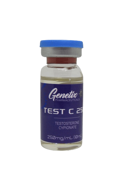 Testosterone Cypionate 250mg/ml Vial by Genetix Pharma A 10ml vial of Testosterone Cypionate 250mg/ml by Genetix Pharma, designed for muscle growth, strength enhancement, and endurance improvement.