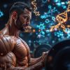 An athlete with enhanced muscles, surrounded by DNA strands and energy waves in a modern gym.
