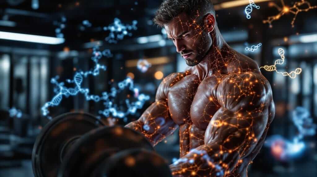 A muscular athlete training in a modern gym, surrounded by glowing scientific visuals, symbolizing Deca’s role in muscle growth and recovery.