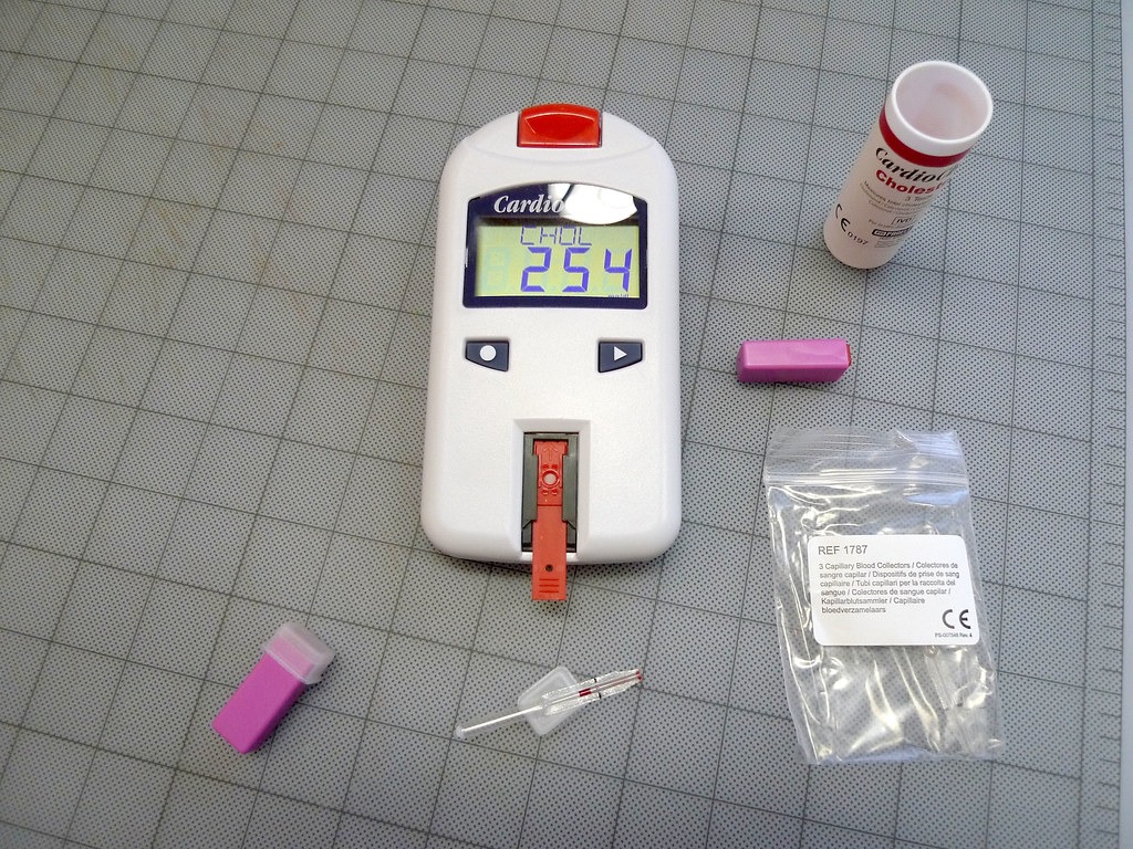 Home blood test kit on a desk