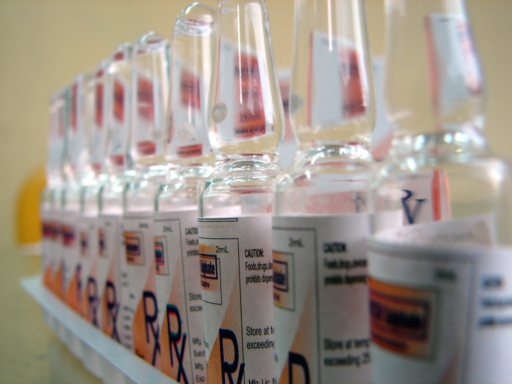 Row of glass vials in a laboratory
