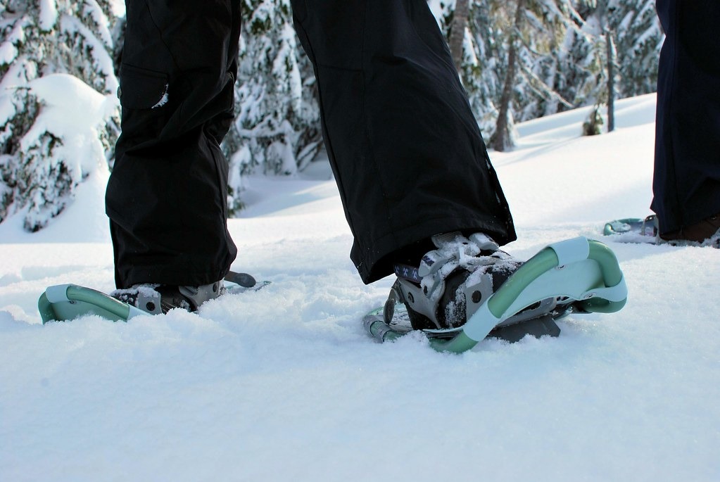 Snowshoes walking through deep snow