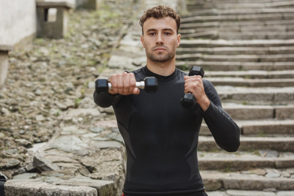 Man training with a resistance band outdoors